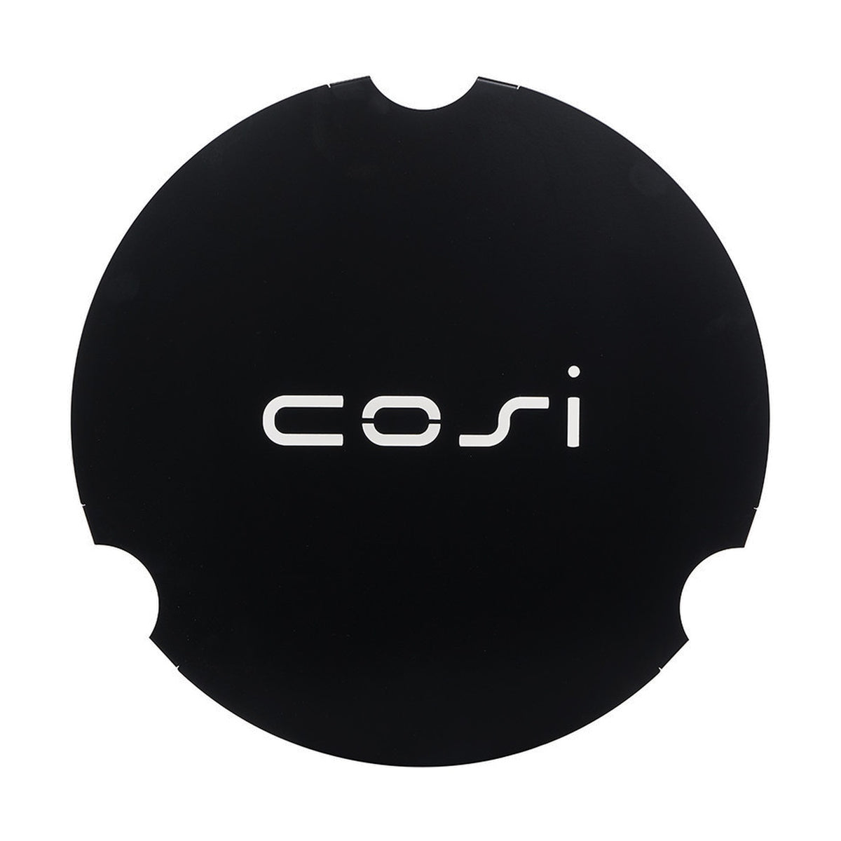 Cosi round cover plate for large glass fire pit set, 52cm, matte black finish with white "cosi" logo, notched edge, on a plain white background.