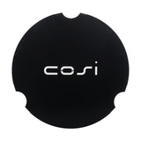 Cosi round cover plate for large glass fire pit set, 52cm, matte black finish with white "cosi" logo, notched edge, on a plain white background.