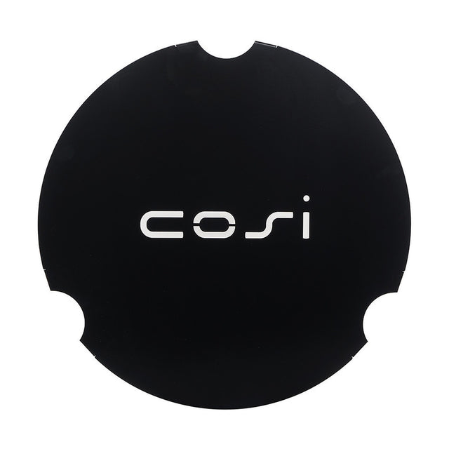 Cosi round cover plate for large glass fire pit set, 52cm, matte black finish with white "cosi" logo, notched edge, on a plain white background.