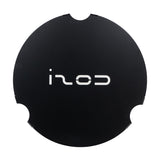 Cosi 52cm round cover plate for large glass fire pit set in matte black with white IZOD logo and notched edge design, shown on a plain white background.