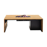 Cosi Gas Fire Pit Table, 140cm, with teak-effect wooden top, black metal frame and central burner alight with logs, shown on a plain white background.