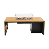 Cosi Gas Fire Pit Table 140cm with teak-effect slatted top, black base, glass wind guard and lit burner, shown on a plain white background.