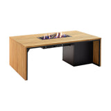 Cosi Gas Fire Pit Table, 140cm, a teak-slatted rectangular fire table with black steel frame and central burner alight with decorative logs, on a plain white background.