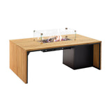 Cosi Gas Fire Pit Table, 140cm, with teak slatted top and black base, lit centre burner with glass windguard, on a plain white background.