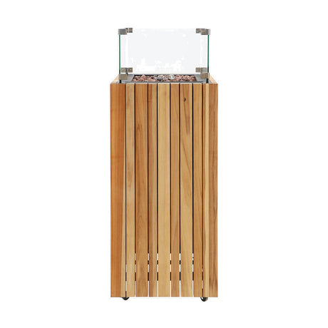 Cosi Teak Gas Lantern, 105cm, with vertical teak slat body, glass-panelled top enclosure and metal corner brackets, on castors against a plain white background.