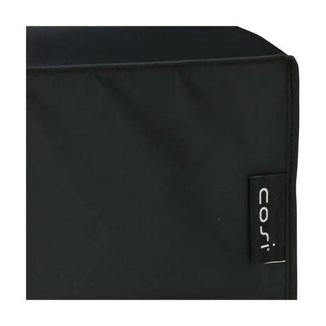 Close-up of the Cosipillar Tube All Weather Protection Cover, 43 x 43cm, showing black PVC fabric with a stitched seam and a small black fabric loop tag reading "Cosi".