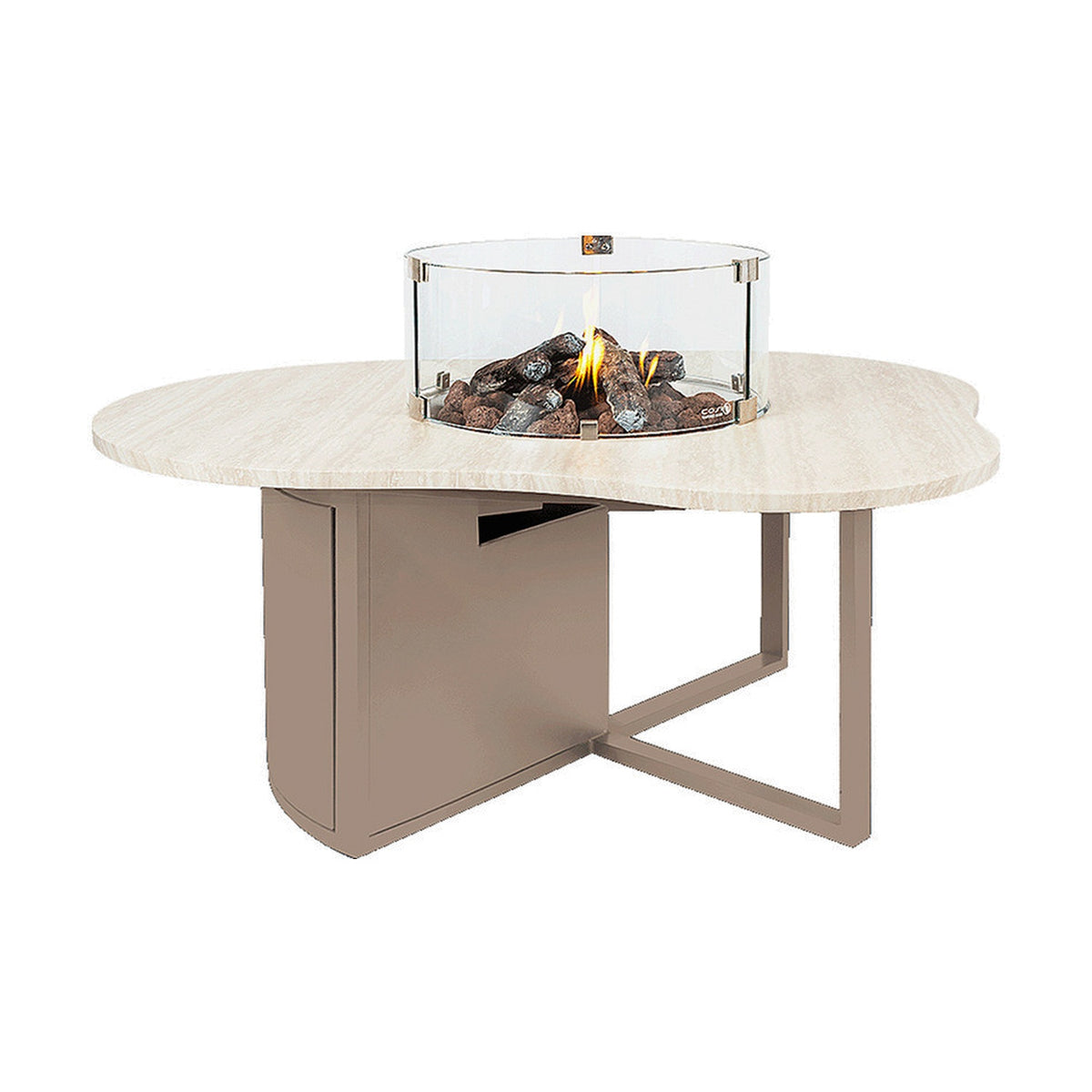 Cosi Novi 120cm gas fire pit table with oval beige stone-effect top, glass wind guard over lit ceramic logs, and aluminium base with log storage, on a white background.