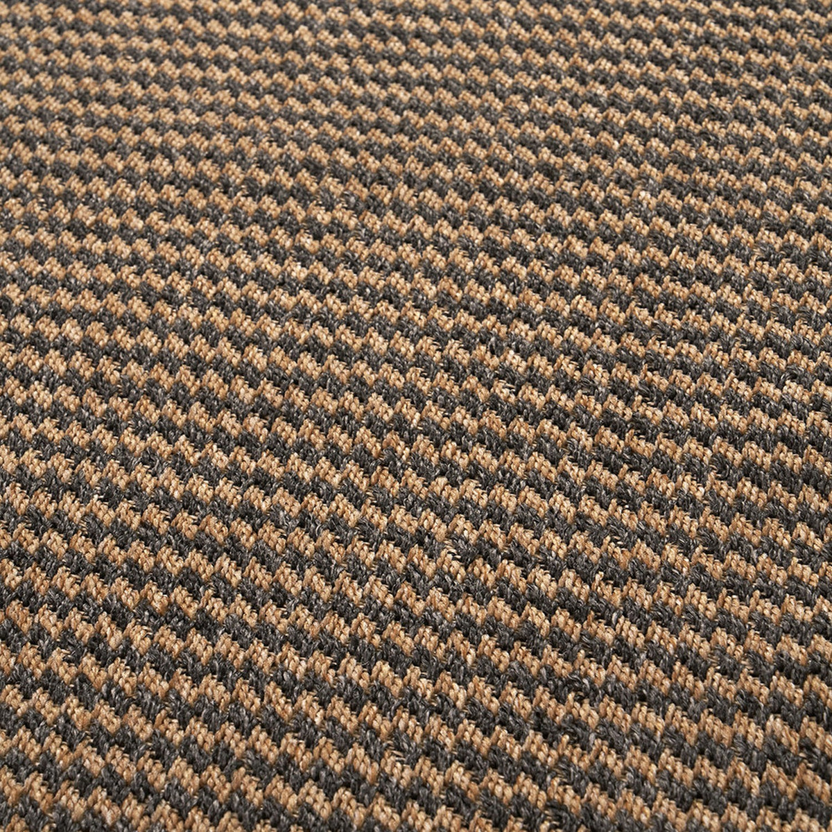 Close-up of the Indoor Outdoor Natural & Slate Grey Design Rug, showing a tight woven basketweave pattern in tan and dark grey polypropylene fibre.