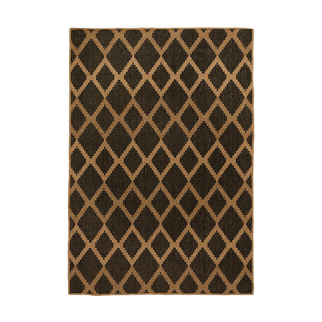 Indoor outdoor rug, 230 x 160cm, with a slate grey and natural diamond trellis pattern, polypropylene fibre, shown on a plain white background.