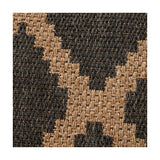 Close-up of an indoor-outdoor rug's woven polypropylene texture, showing a diamond pattern in slate grey and natural tan tones.
