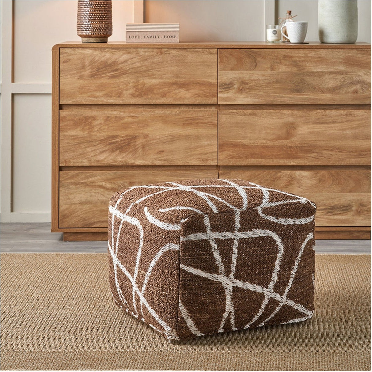 Indoor Outdoor Chocolate Brown & White Abstract Swirl Design Pouffe