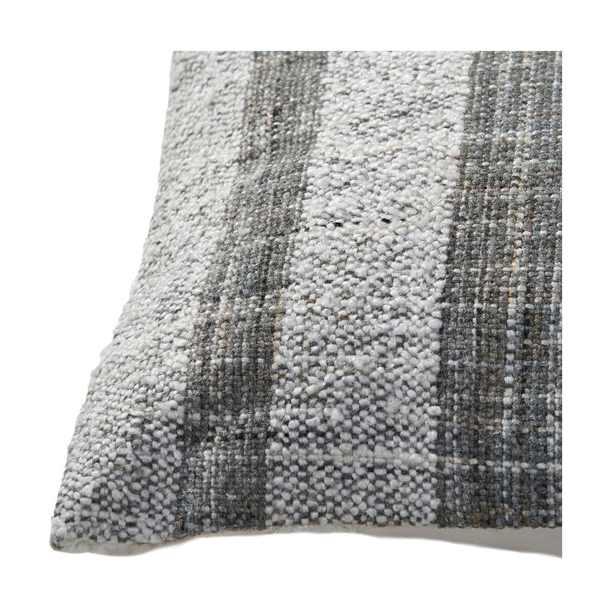 Close-up of an Indoor Outdoor Steel Grey & White Stripe Design Scatter Cushion, showing woven vertical stripes in grey and white fabric with a textured finish on a plain white background.