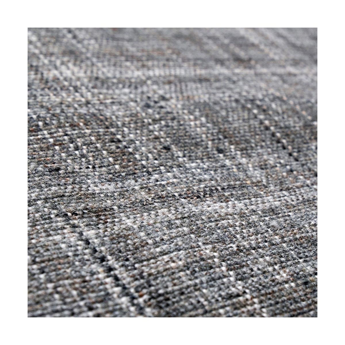 Close-up of the Indoor Outdoor Steel Grey & White Stripe Design Rug, 230 x 160cm, showing a flecked woven polyester texture in grey, white, and black tones.