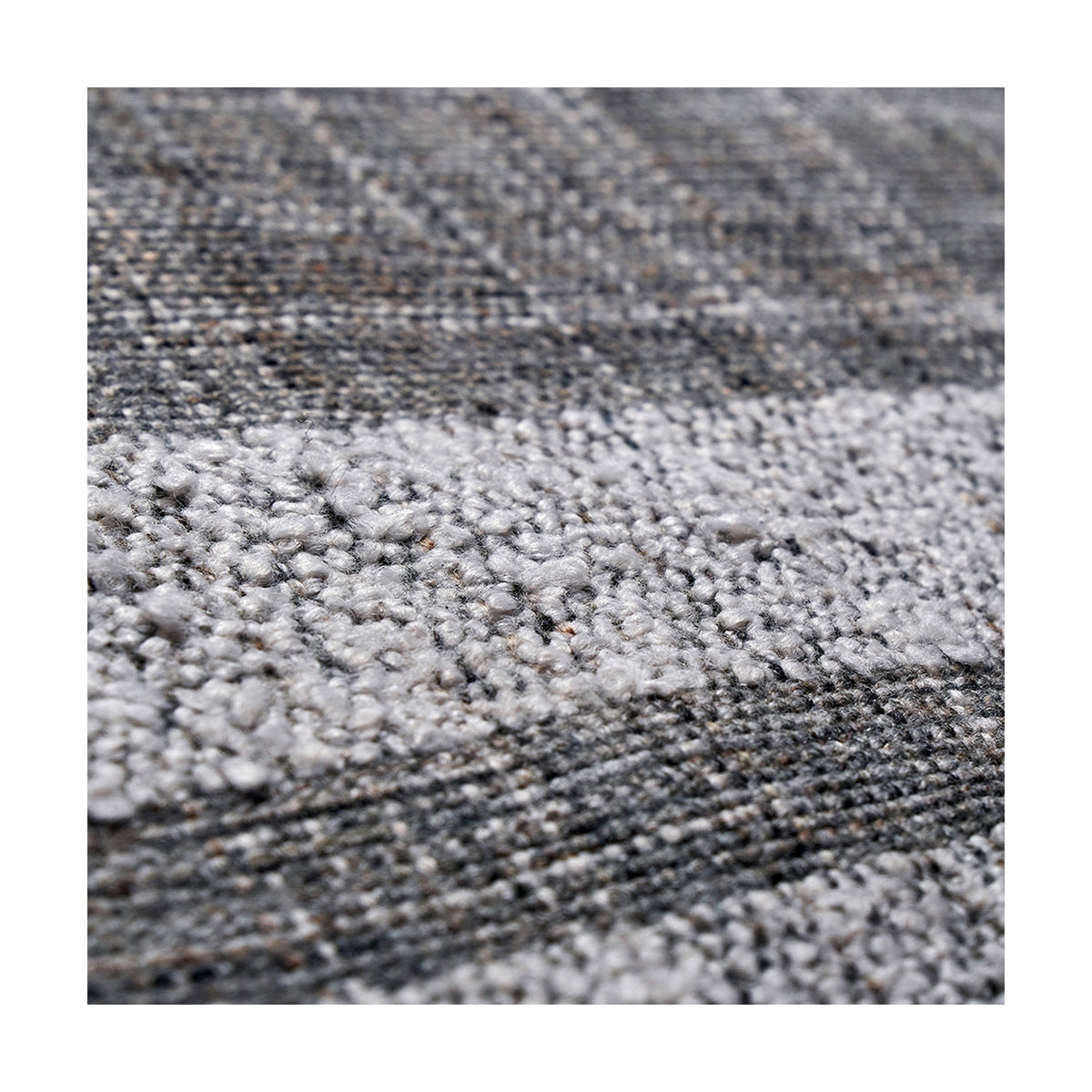 Close-up of the Indoor Outdoor Steel Grey & White Stripe Design Rug, showing its woven polyester texture in grey and white with a subtle striped pattern.