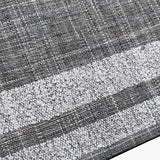 Close-up of the Indoor Outdoor Steel Grey & White Stripe Design Rug, 230 x 160cm, showing a woven grey polyester texture with a horizontal white striped band.