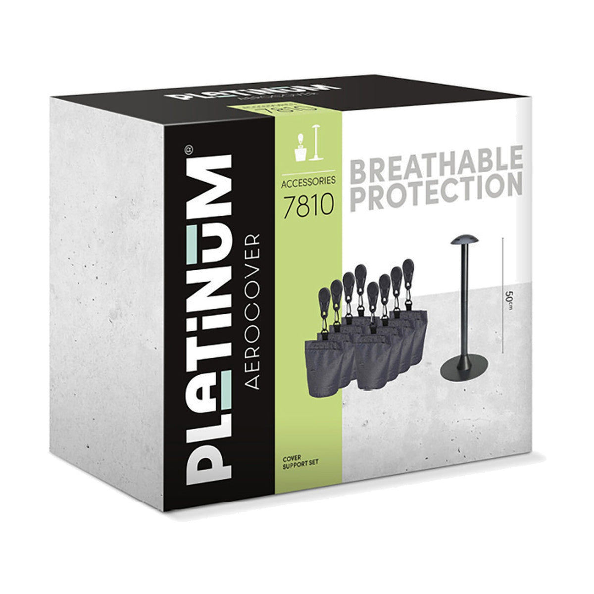 Packaging box for a 50cm Cover Support Pole Set in anthracite, showing a single support pole and fabric protector pouches on the front panel.