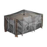 Anthracite outdoor furniture cover with a central support pole visible beneath the fabric, fitted over a table, chairs, and parasol base on a plain white background.
