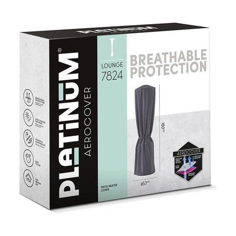 Packaging for the Platinum Aerocover Lounge 7824 patio heater cover, showing an anthracite fabric cylinder cover, 53cm diameter, 180cm height, on a white and grey box.