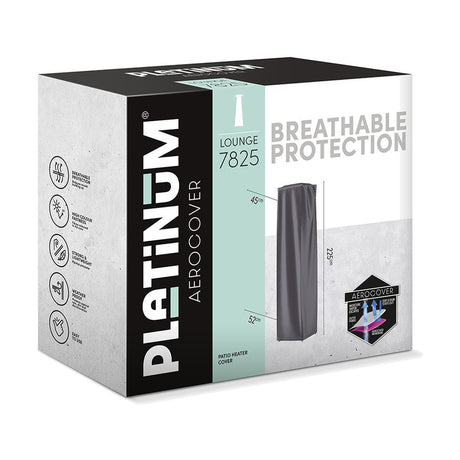 Retail packaging for the Platinum Aerocover patio heater cover, 52 x 45 x 225cm, in anthracite fabric, shown with breathable protection icons and product diagram on a white box.