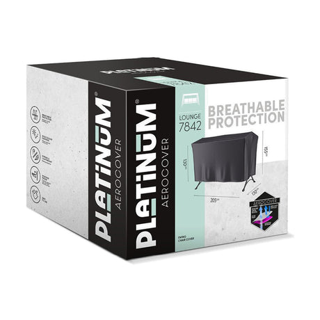 Packaging box for Platinum Aerocover Swing Chair Cover, 205 x 130 x 155cm, anthracite fabric, shown with product illustration and dimensions.