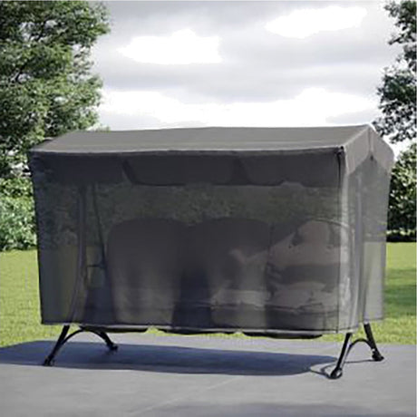 Anthracite fabric swing aerocover, 205 x 130cm, fitted over a garden swing seat on an outdoor patio with trees in the background.