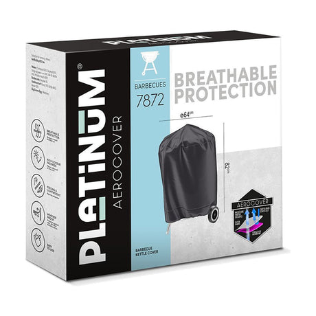Product packaging for the Platinum Aerocover Barbecue Kettle Cover, 64cm diameter, showing an anthracite fabric cover with drawstring base fitted over a kettle barbecue on the box front.
