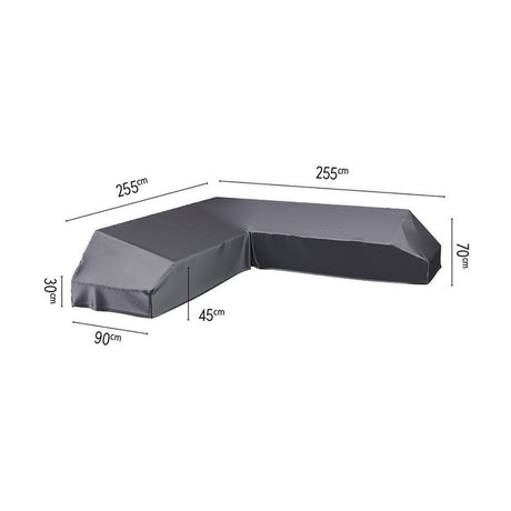 Anthracite corner sofa aerocover in fabric, 255 x 255cm with 90cm and 70cm drops, shown on a plain white background with dimension labels.