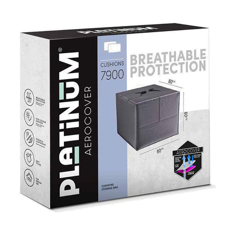 Product packaging for Platinum Aerocover Cushions 7900, an 80 x 80cm anthracite garden cushion storage box shown on the box with dimensions and breathable protection icons.