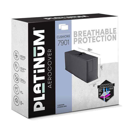 Product packaging for the Platinum Aerocover Cushions 7901, an anthracite fabric garden cushion storage bag measuring 125 x 50 x 32cm, shown with handle detail and breathable protection icons.