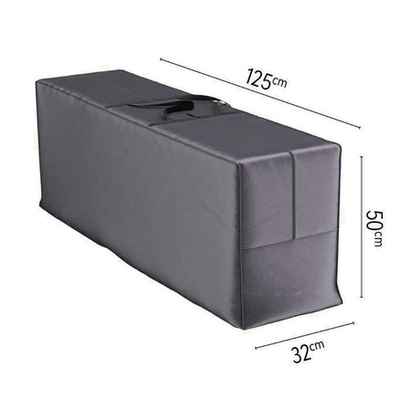 Rectangular garden cushion storage bag in anthracite fabric with carry handle and zip closure, shown with 125cm, 32cm and 50cm dimensions on a white background.