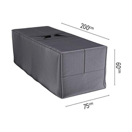 Rectangular cushion storage bag in anthracite fabric with carry handles and zip closure, shown with dimension labels 200cm, 75cm, and 60cm on a white background.