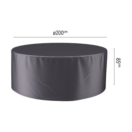 Round garden furniture Aerocover in anthracite fabric, shown with diameter 200cm and height 85cm dimensions, on a plain white background.