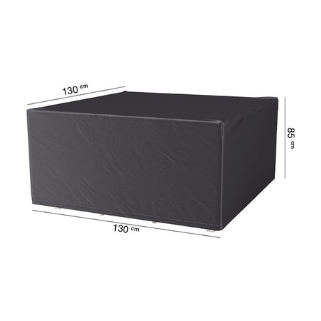 Anthracite fabric garden furniture cover, square box shape with dimensions 130 x 130 x 85cm labelled, shown on a plain white background.