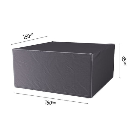 Garden furniture Aerocover in anthracite fabric, rectangular fitted shape with dimensions labelled 150cm, 160cm, and 85cm high, shown on a plain white background.