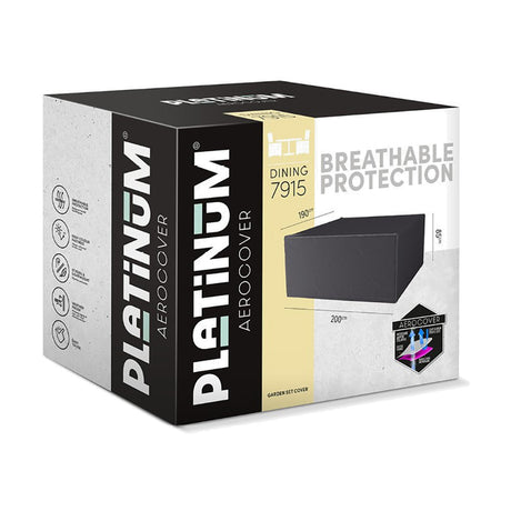 Product packaging for Platinum Aerocover Dining 7915, a 200 x 190 x 85cm anthracite garden furniture cover, box showing breathable protection features and product diagram.