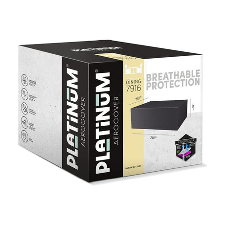 Product packaging for Platinum Aerocover Dining 7916, a 240 x 190 x 85cm anthracite garden set cover, with icons and dimensions on a white background.