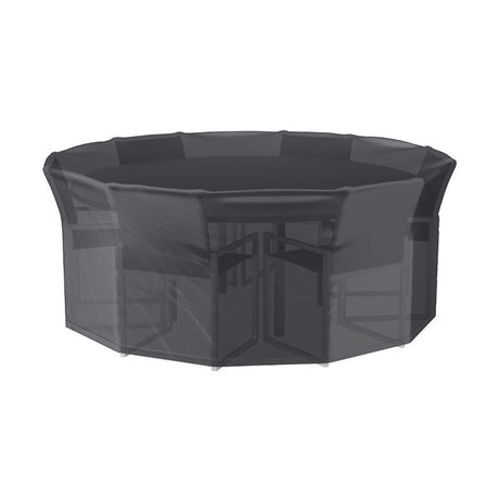 Round garden furniture Aerocover in anthracite fabric, shown fitted over a table and chairs set, 250 x 250cm, on a plain white background.