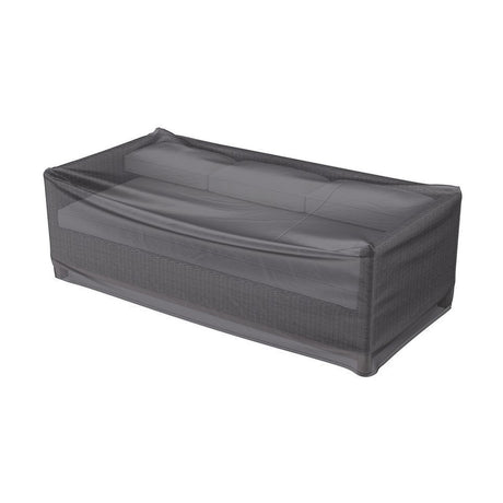 Anthracite fabric Aerocover fitted over a rectangular garden bench, 170 x 100cm, shown on a plain white background.