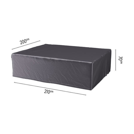 Anthracite fabric outdoor furniture cover, rectangular fitted shape with elasticated hem, shown on a white background with 210 x 200 x 70cm dimensions marked.