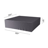 Anthracite fabric seating set Aerocover, 300 x 300cm, shown as a boxy waterproof cover with seamed panels and dimension labels on a white background.