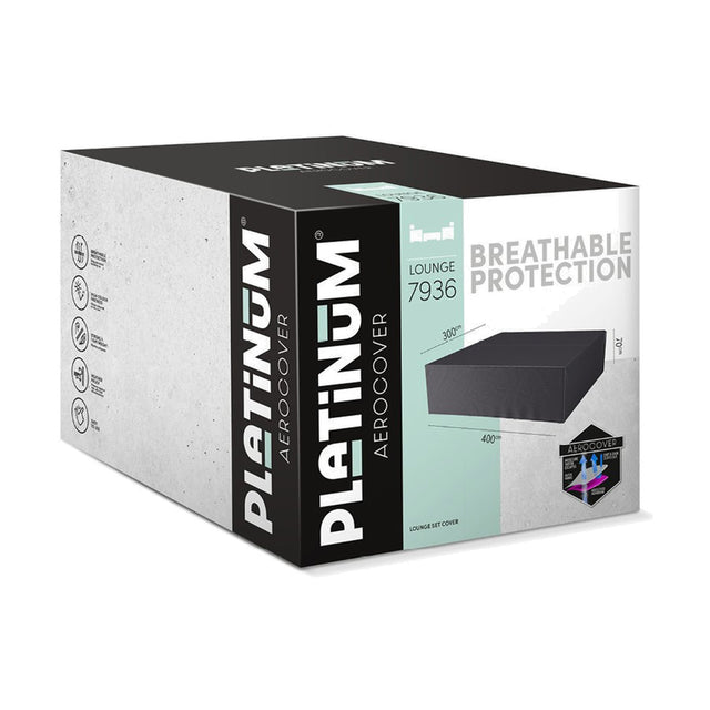 Packaging box for Platinum Aerocover lounge set cover, 400 x 300cm, anthracite fabric outdoor furniture cover, shown with product illustration and icons.