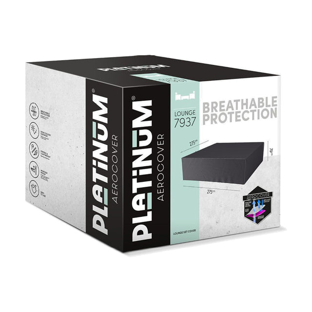 Platinum Aerocover lounge set cover packaging box showing an anthracite fabric garden furniture cover, 275 x 275cm, with breathable protection details on a light grey background.