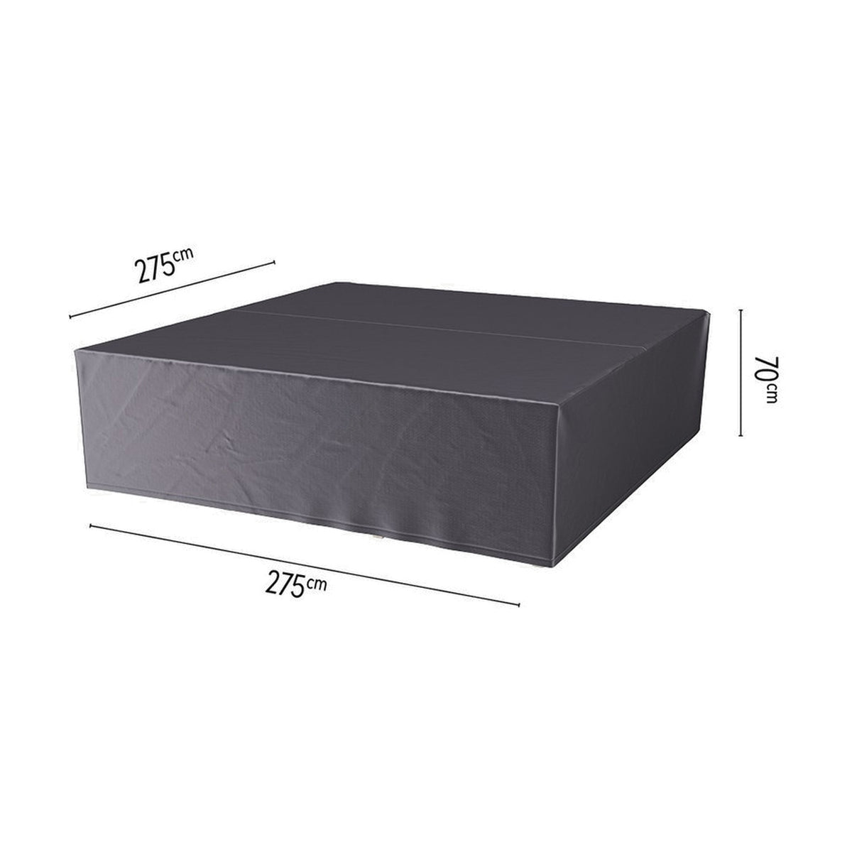 Seating Set Aerocover, a 275 x 275cm anthracite fabric garden furniture cover shown fitted over a square outdoor set, with dimension labels on a plain white background.