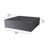 Seating Set Aerocover, a 275 x 275cm anthracite fabric garden furniture cover shown fitted over a square outdoor set, with dimension labels on a plain white background.
