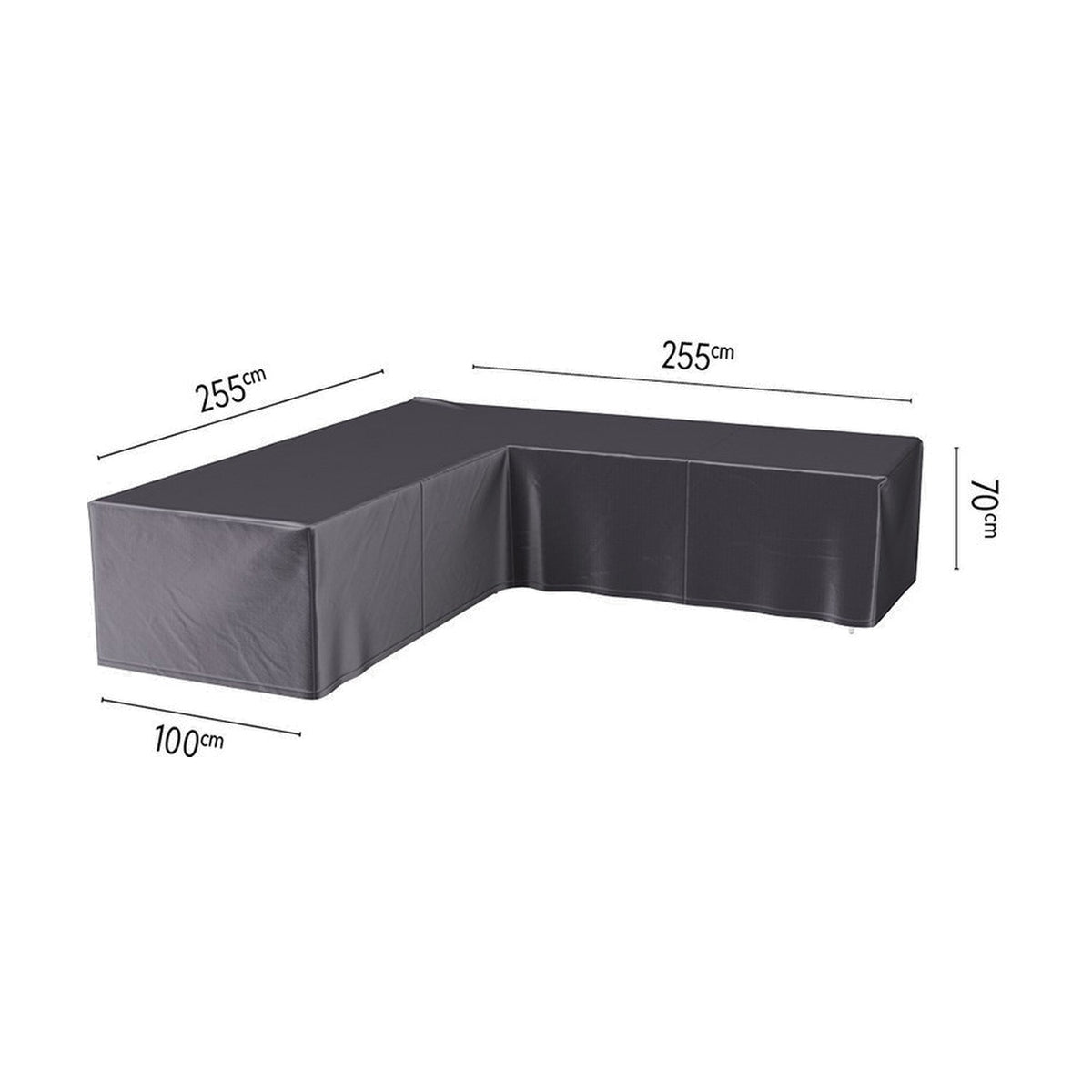 L-shaped anthracite outdoor furniture cover, 255 x 255 x 100cm, 70cm high, fabric material, shown on a plain white background with dimension labels.
