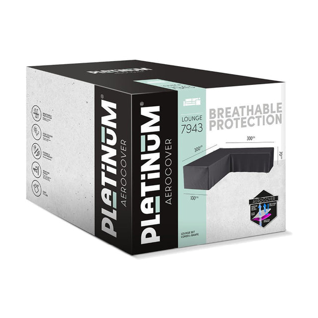 Packaging box for Platinum Aerocover L-Shape lounge set cover, model 7943, in anthracite, sized 300 x 300 x 100 x 70cm, labelled "Breathable Protection".
