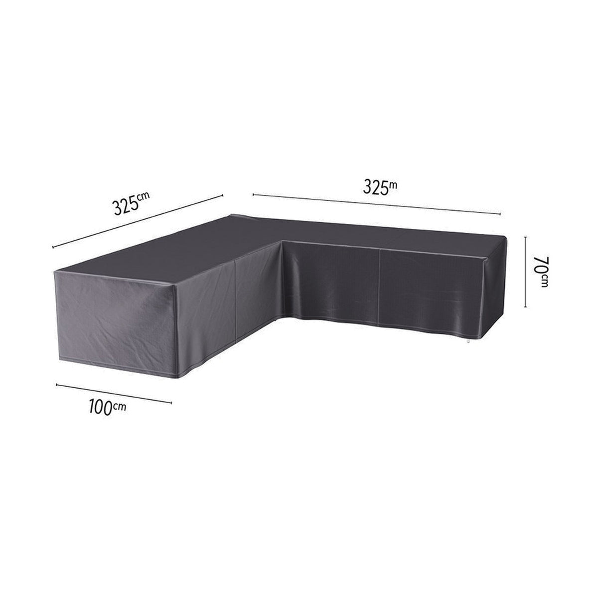 L-shape outdoor furniture cover in anthracite polyester with fitted corner and drop sides, 325 x 325 x 100 x 70cm, shown on a white background with dimension labels.