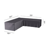 L-shape outdoor furniture cover in anthracite polyester with fitted corner and drop sides, 325 x 325 x 100 x 70cm, shown on a white background with dimension labels.