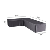 Anthracite polyester L-shape garden furniture cover, right hand fit, shown with dimensions 330 x 255 x 100 x 70cm labelled, on a plain white background.