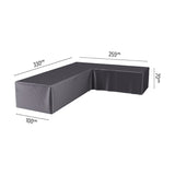 L-shaped anthracite garden furniture cover in polyester fabric, shown with dimension labels 330cm, 255cm, 100cm and 70cm, on a plain white background.